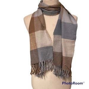 SCOTLAND SCARF BLUE TAN BROWN PLAID CASHMERE LONG RECTANGLE FRINGE ACCESSORY